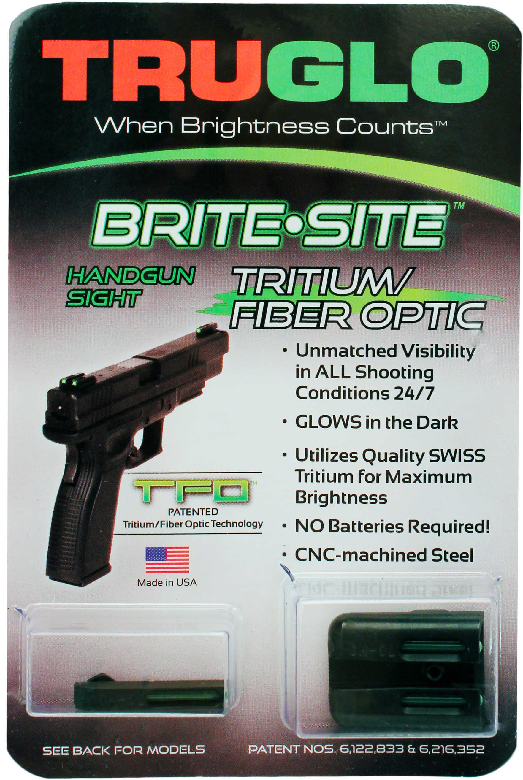 Truglo TG131GT1 Brite-Site TFO Low Set Fits Glock 17/19/22/23/24/26/27/33/34/35/38/39 Tritium/Fiber Optic Green Front/ R