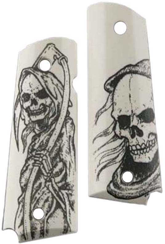 Hogue 45026 1911 Government Model Grip Panels Ivory W/Grim Reaper Bust & Body