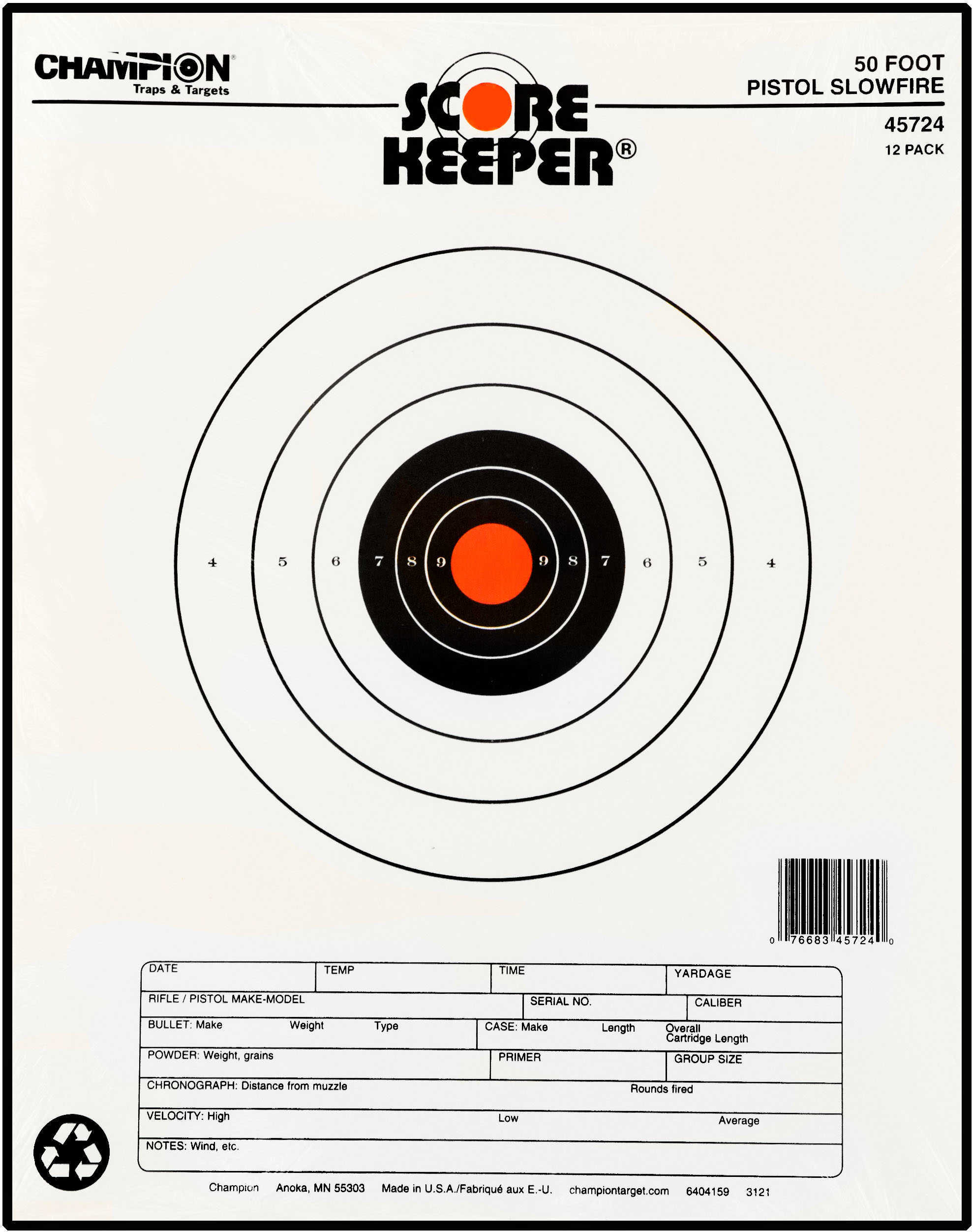 Champion Targets 45724 Scorekeeper Hanging Paper 11" x 16" Bullseye Orange 12 Pack