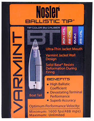 Nosler Ballistic Tip Varmint Bullets 6mm 55 gr. Spitzer Point 50 pk. Model: 24055