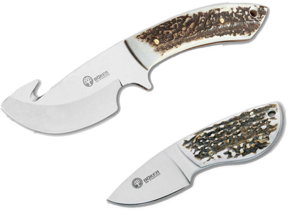 Boker 02BA5130H Hunters Combo 2.38"/4.25" Caper/Guthook 440C SS Blade Rugged Stag Handle