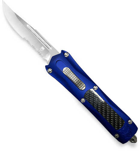 CobraTec Knives King 4" OTF Drop Point Serrated D2 Steel Blade Blue Anodized Aluminum W/Black Carbon Fiber