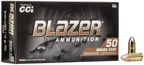CCI Blazer Brass Handgun Ammunition 9mm Luger 115 Gr FMJ 1145 Fps 50/ct