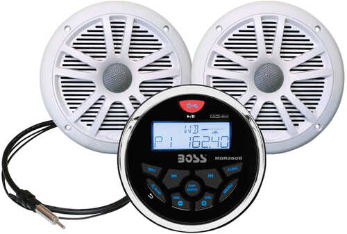 Boss Audio MCKGB350W.6 Combo - Marine Gauge Radio w/Antenna &amp; 2 6.5" Speakers - White