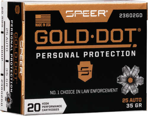 Speer Gold Dot Handgun Ammo 25 ACP 35 gr. HP 20 rd. Model: 23602GD