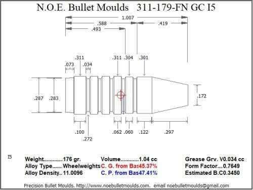 Bullet Mold 2 Cavity Aluminum .311 caliber Gas Check 179gr with Flat nose profile type. Our improved version of