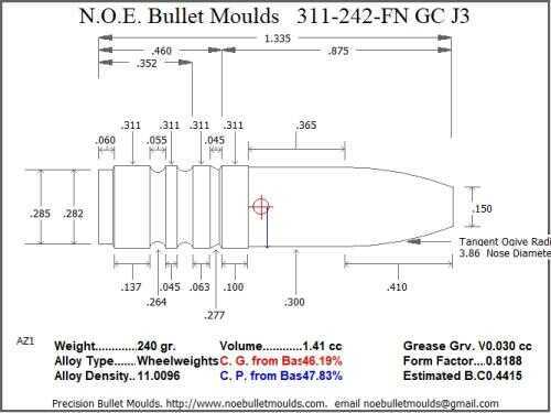 Bullet Mold 2 Cavity Aluminum .311 caliber Gas Check 242gr with Flat nose profile type. Designed for use in 300