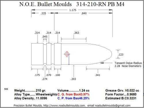 Bullet Mold 2 Cavity Aluminum .314 caliber Plain Base 210gr with Round Nose profile type. Designed for use in 3