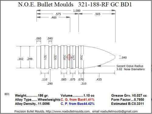 Bullet Mold 2 Cavity Brass .321 caliber Gas Check 188gr with a Round/Flat nose profile type. Designed for use in