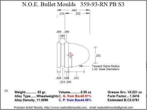 Bullet Mold 3 Cavity Aluminum .359 caliber Plain Base 93gr with Round Nose profile type. The classic 359242 lig