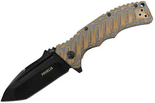 Proelia TX010 Folder 4in Black Tanto Blade Brown/Blue G-10