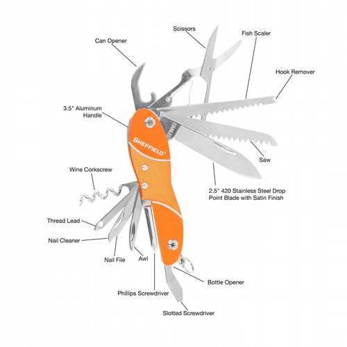 Sheffield Zion 14-in-1 Multi-Tool Orange Aluminum Handle