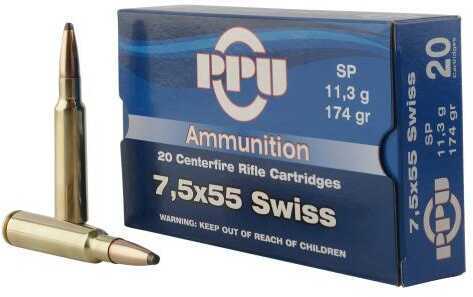 7.5X55mm Swiss 174 Grain Jacketed Soft Point 20 Rounds Prvi Partizan Ammunition